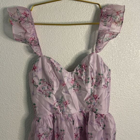 NWT-Lulus- Sweetest Emotion Lilac Floral Ruffled Tiered Bustier Midi Dress-small - Picture 8 of 16